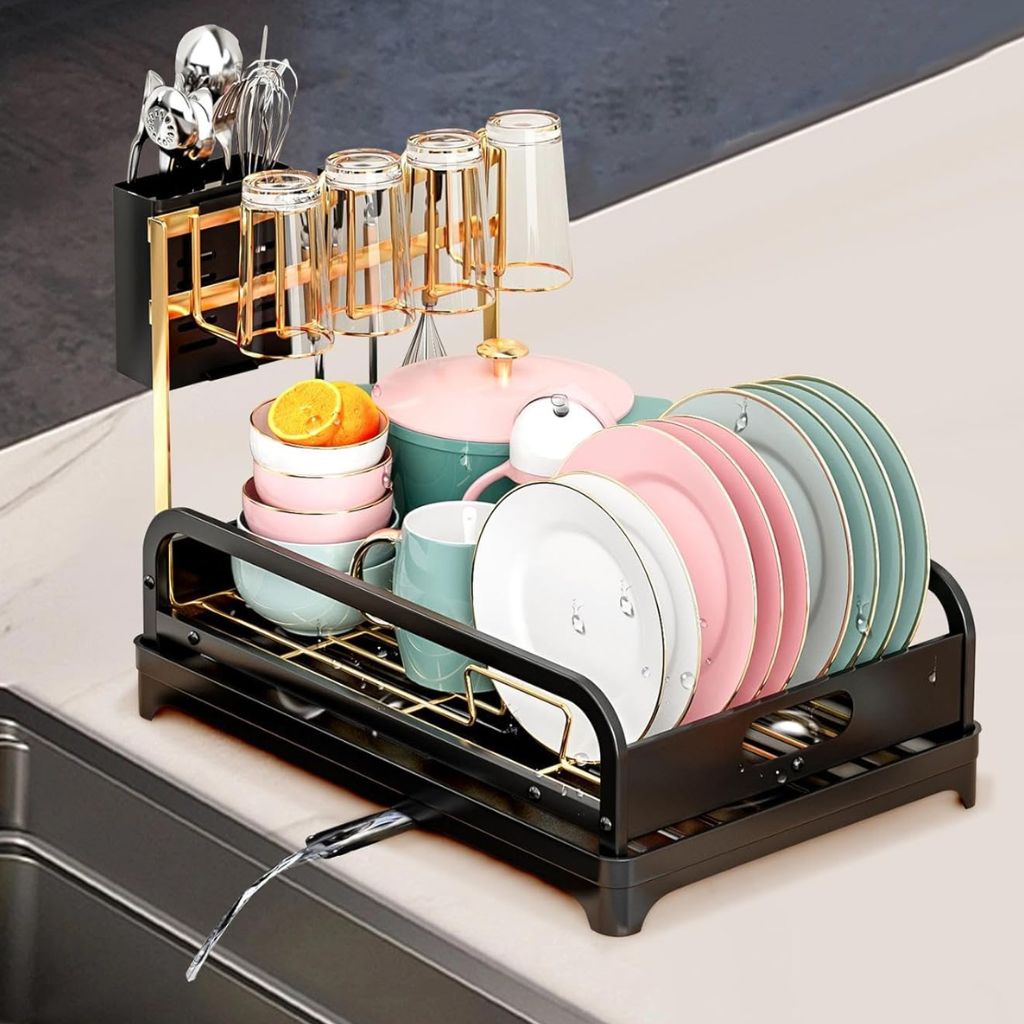 Égouttoir à Vaisselle Moderne avec Système de Drainage Réglable, Noir et Doré – مجفف أطباق عصري بنظام تصريف 1