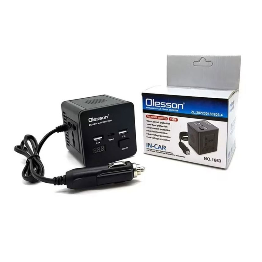 Convertisseur de tension en voiture avec surveillance de puissance 150 watts, 12 volts, 2 USB, 1 USB type C et 2 prises 2