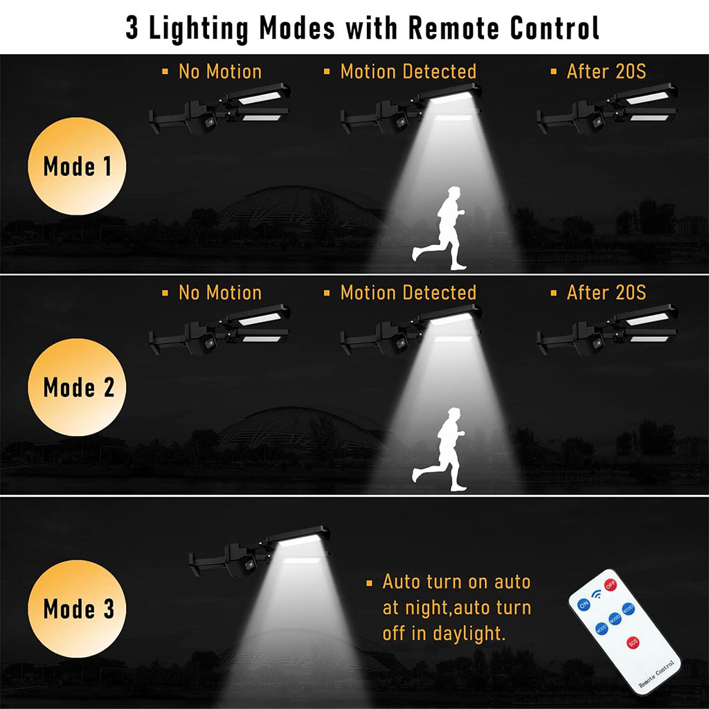 Lampadaires solaires d'extérieur 200 LED avec télécommande et détecteur de mouvement - مصباح بالطاقة الشمسية 3
