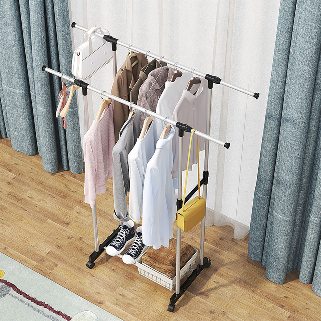 Double Penderie à vêtements portable à roulettes en Acier Inoxydable - علاقة ملابس متنقلة 4