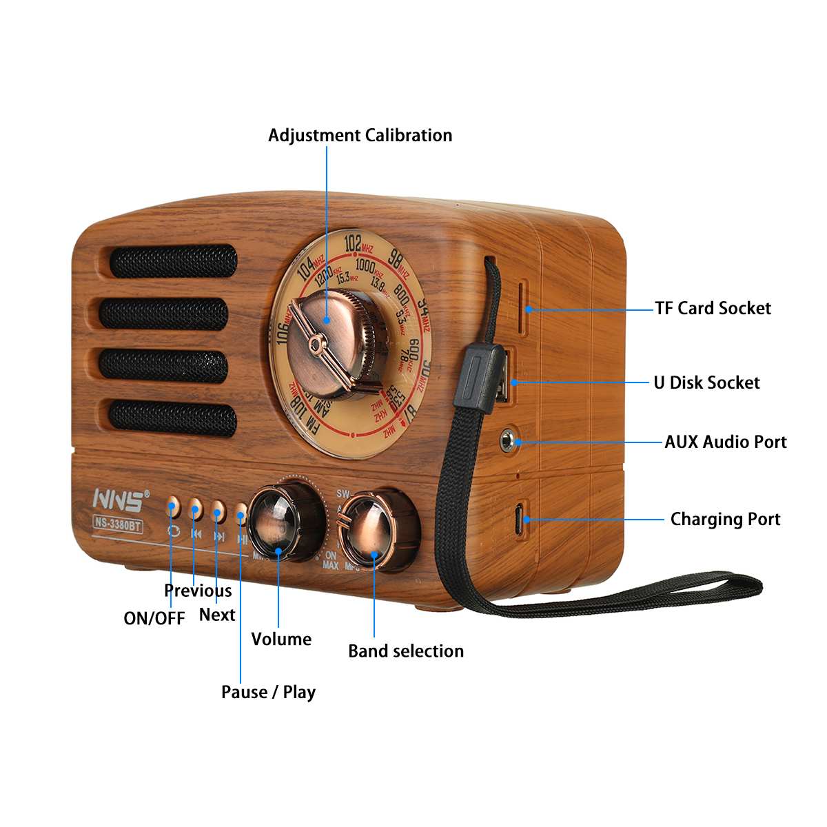 Radio rétro portable sans fil Bluetooth FM, USB, carte TF 3380BT 3