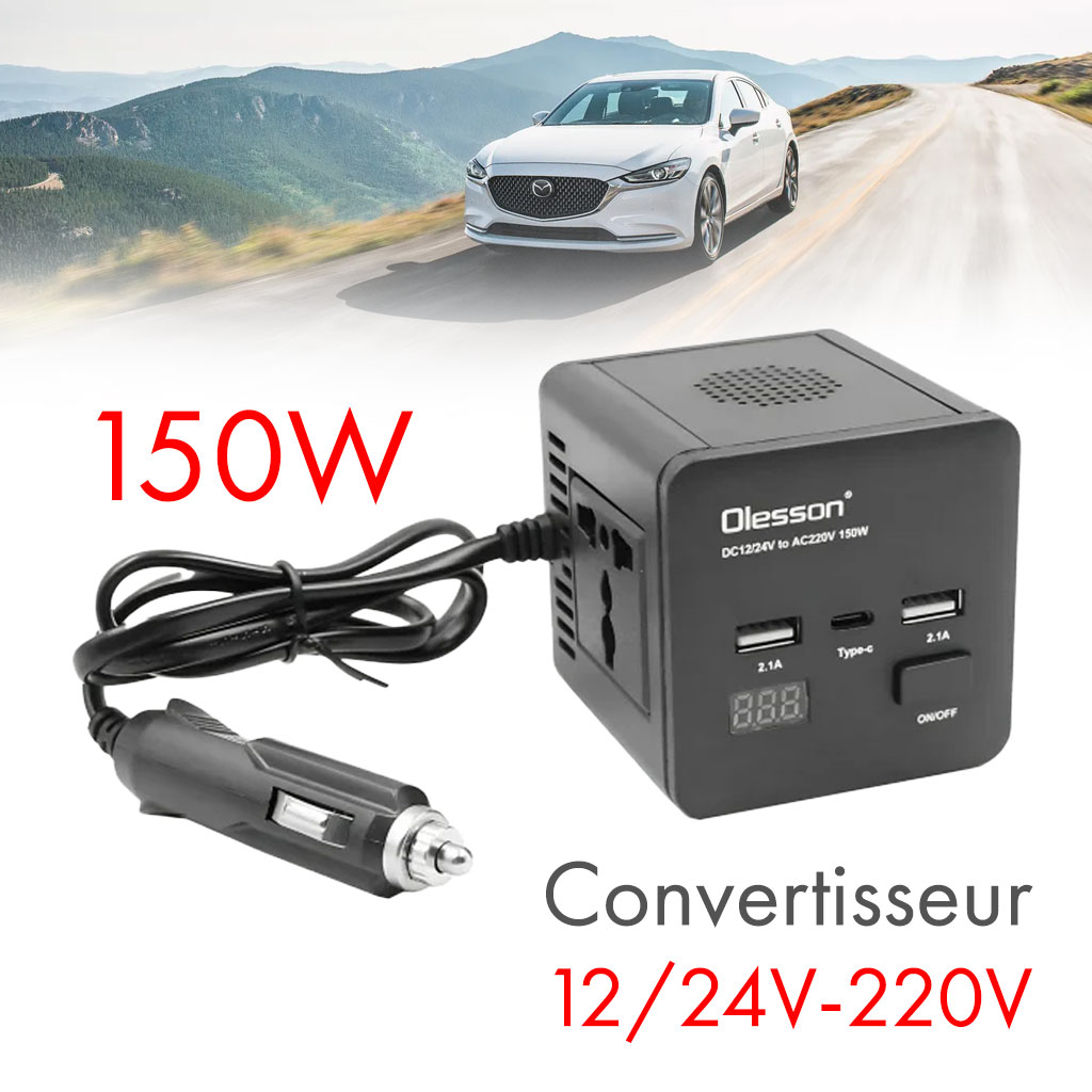 Convertisseur de tension en voiture avec surveillance de puissance 150 watts, 12 volts, 2 USB, 1 USB type C et 2 prises 1