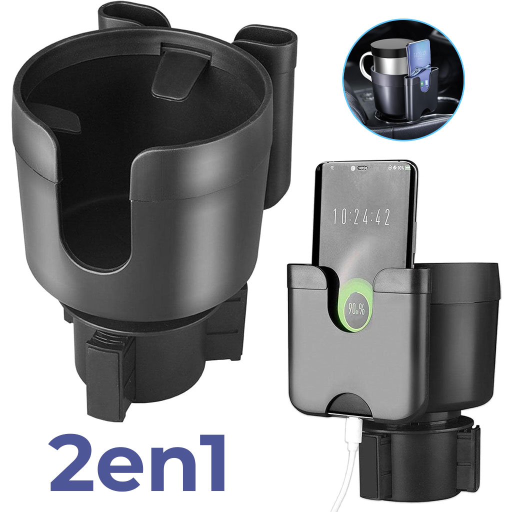 Porte Gobelet et support de chargement de téléphone pour voiture 2en1 1
