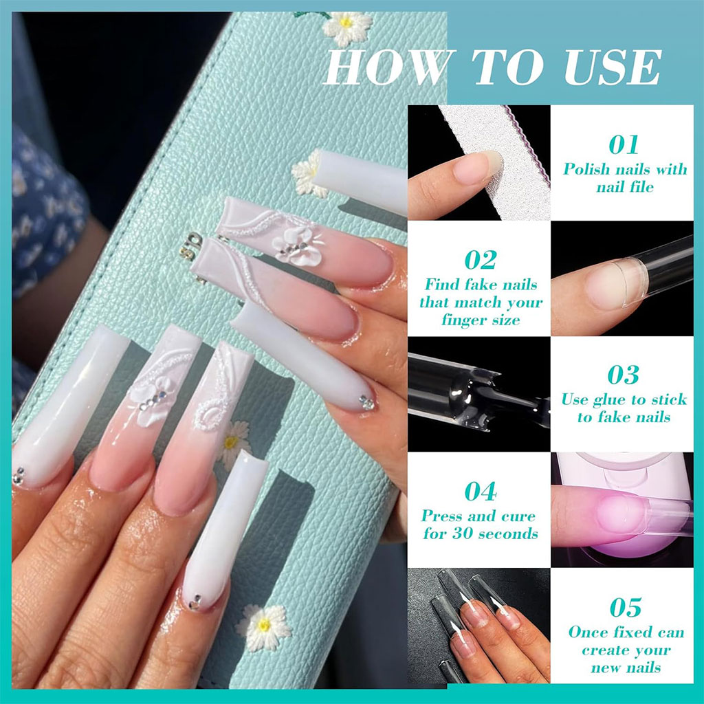 500 faux ongles carrés transparents professionnels en acrylique - طقم أظافر صناعية 4