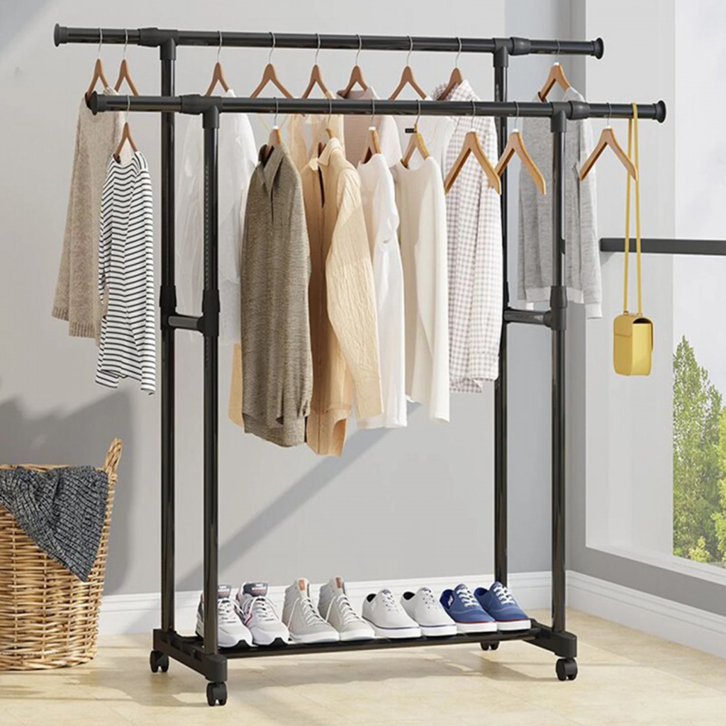 Penderie Mobile Double Barres Extensible Hauteur réglable avec 4 Roulettes V6 4