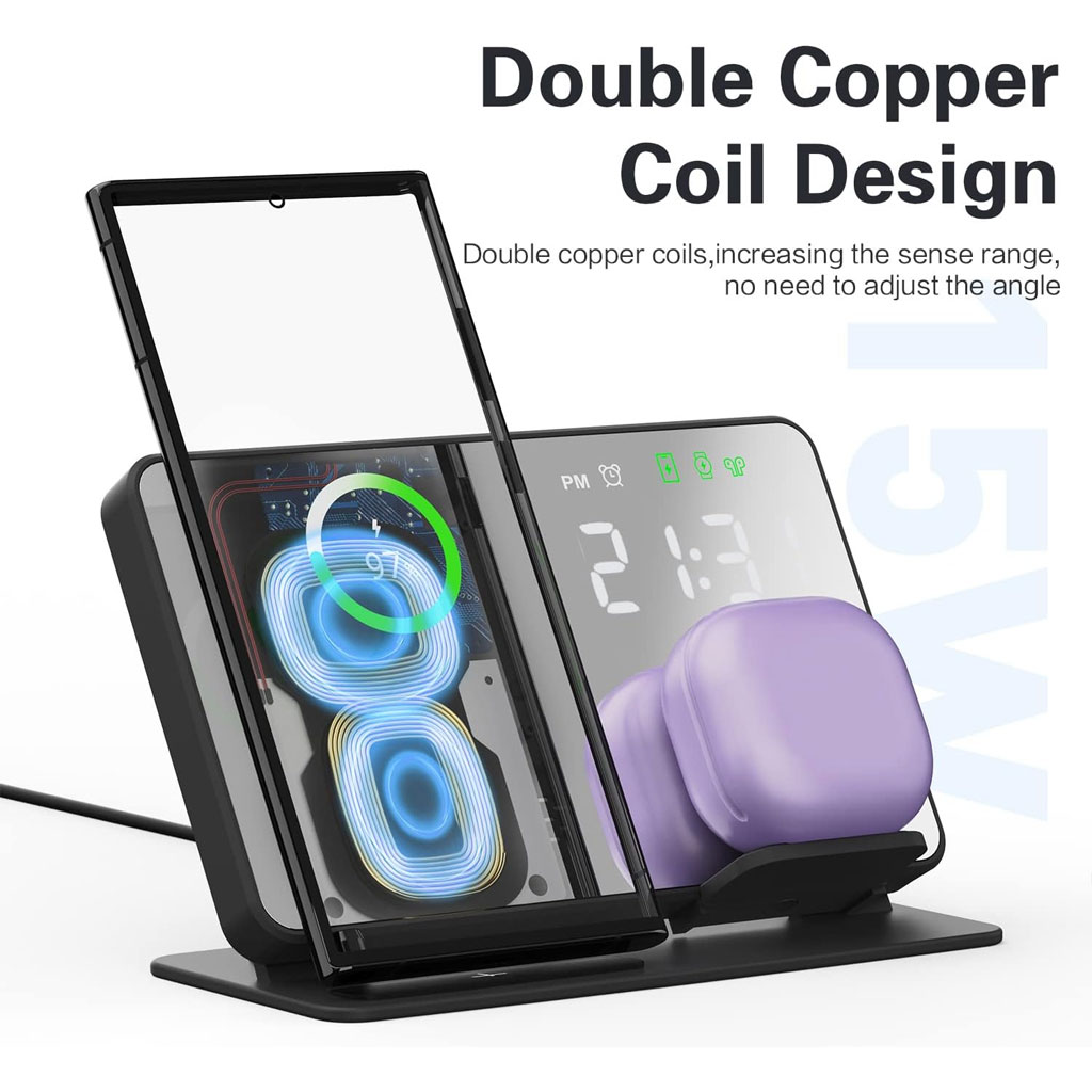 Chargeur sans fil 4 en 1 et station de charge ultra rapide avec Miroir Réveil integré 5