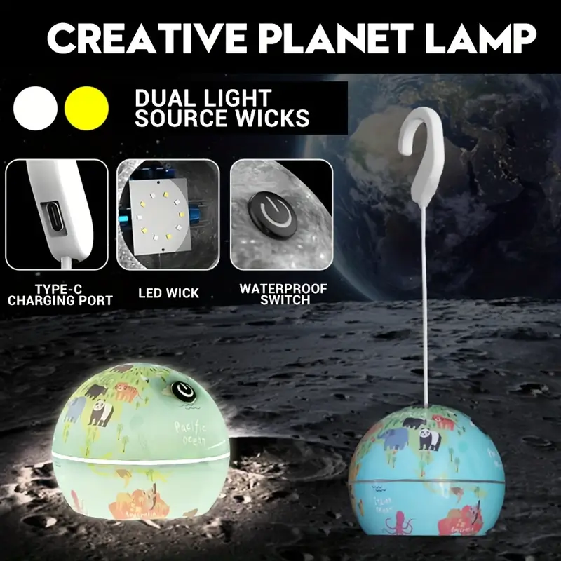 Lampe Led Suspendue En Forme De Boule Décorative, Rechargeable Par Usb, Pour Camping Intérieur Et Extérieur, En Forme De Lune Ou De Terre, 1 Pièce 3