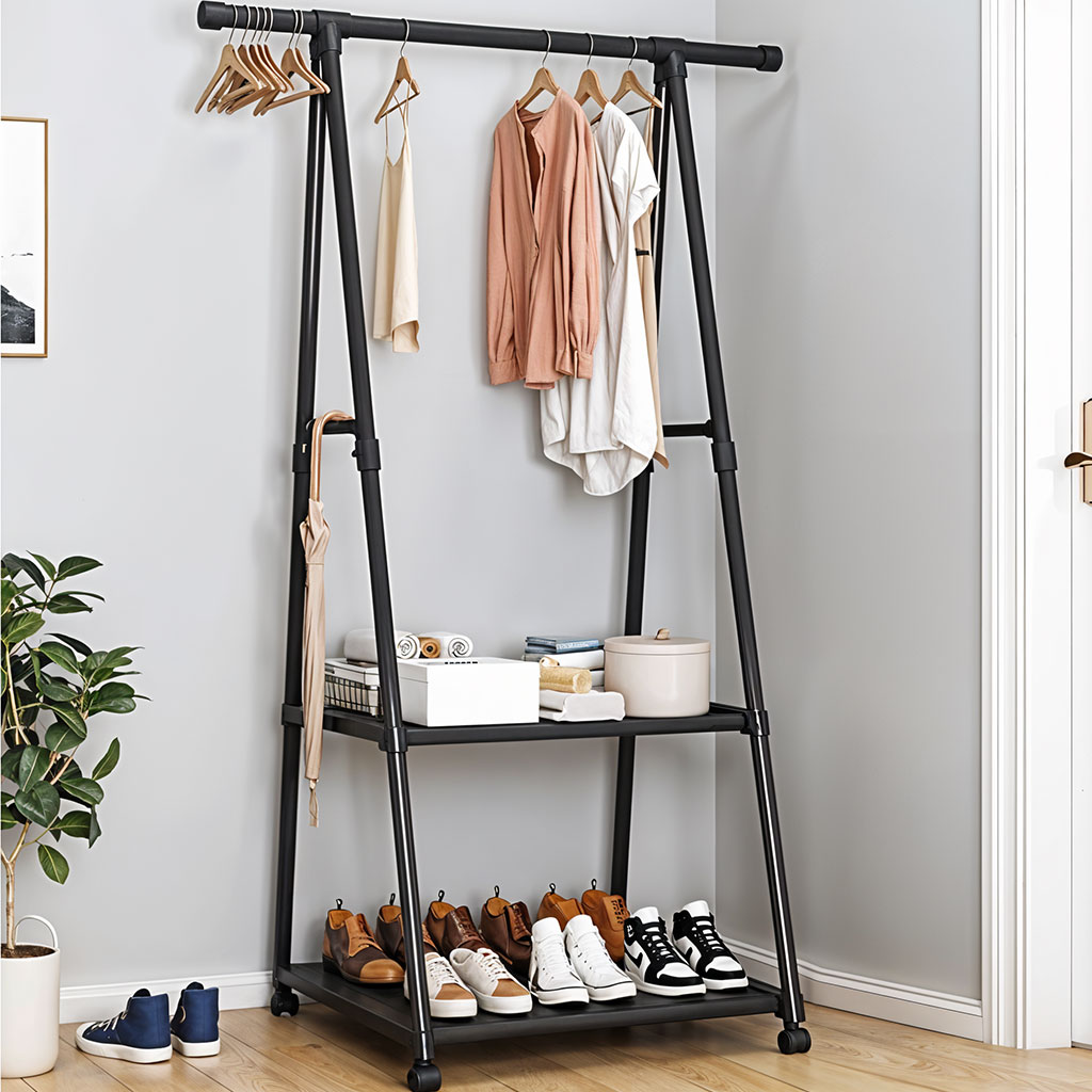 Porte-manteau en métal amovible avec roulettes, étagère de rangement multifonction 2