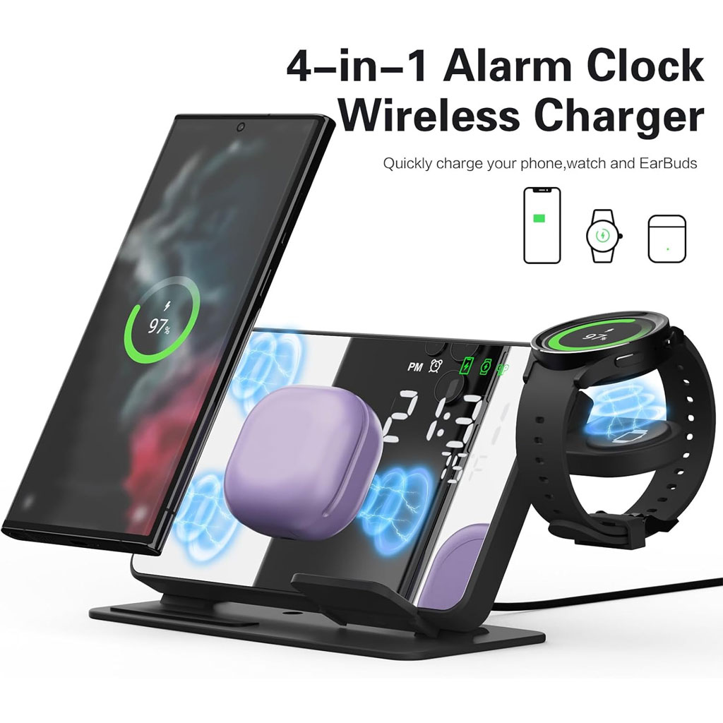 Chargeur sans fil 4 en 1 et station de charge ultra rapide avec Miroir Réveil integré 2