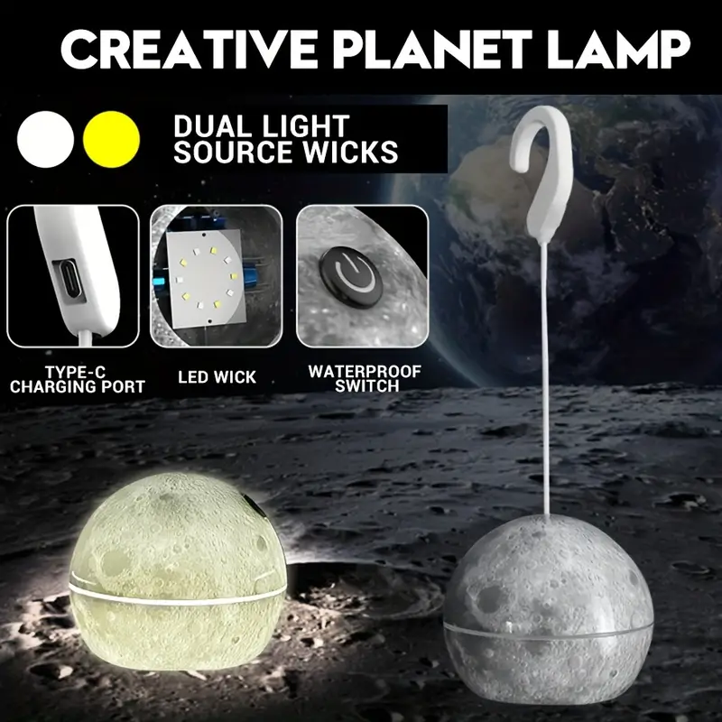 Lampe Led Suspendue En Forme De Boule Décorative, Rechargeable Par Usb, Pour Camping Intérieur Et Extérieur, En Forme De Lune Ou De Terre, 1 Pièce 2