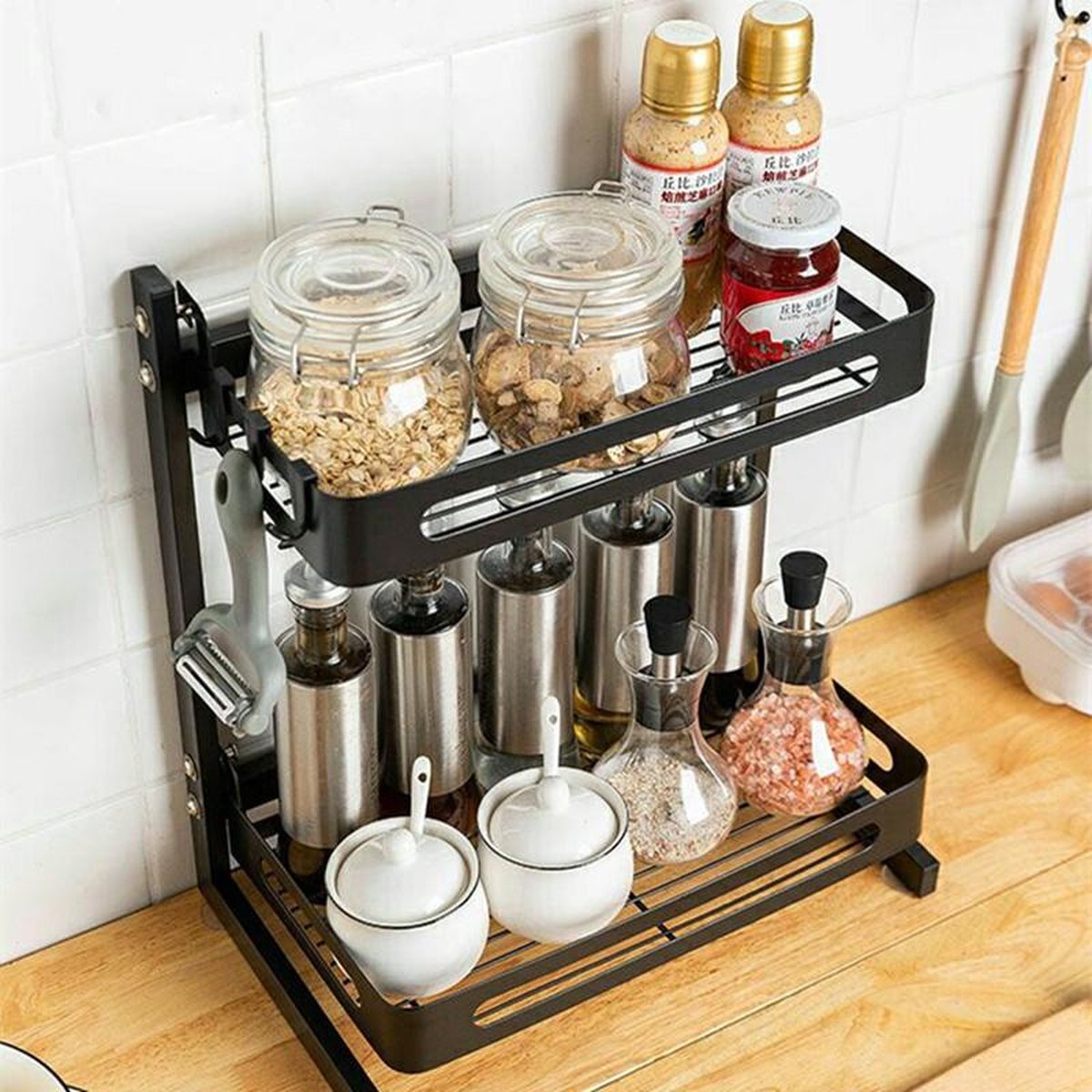 Étagère à Épices 2 Niveaux pour Armoire de Cuisine multifonctionnelle en acier inoxydable 3
