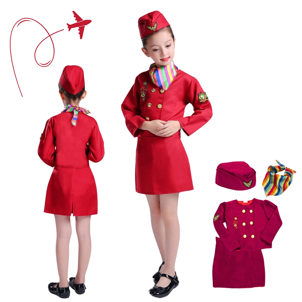 Costumes hôtesse de l'air pour Enfants, Uniformes d'Aviation, 4 Pcs 1